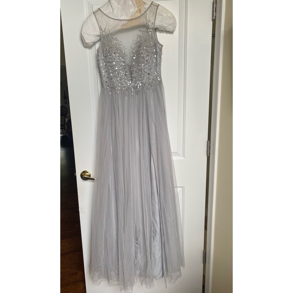 Silver Embroidered Prom Dress with Slit